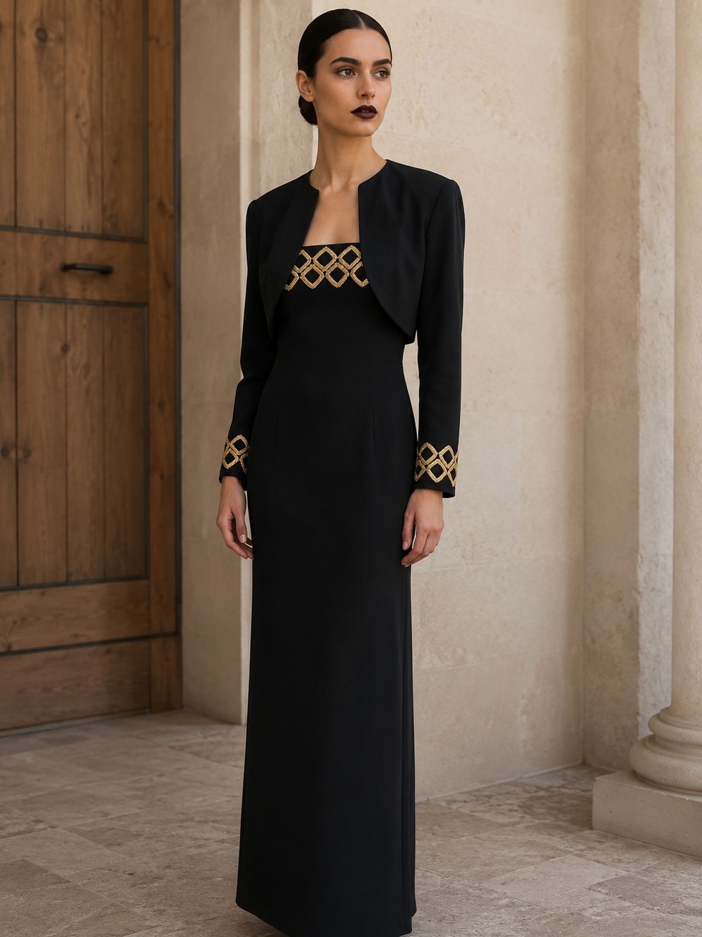 Vintage 80s Black Gold Strapless Dress Size 8 Maxi Embroidered Cocktail MOB